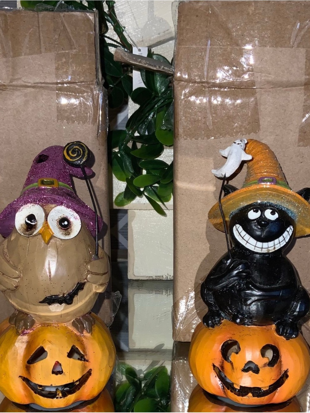 Halloween Owl and Cat Pumpkin Figurine Set - Purple and Orange